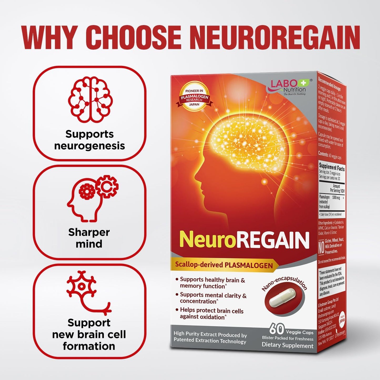 LABO Nutrition NeuroREGAIN - Scallop-derived PLASMALOGEN for Brain Deterioration, Memory, Alertness, Learning, Concentration and Other Cognitive Functions – Suitable for Seniors, Adult Men & Women