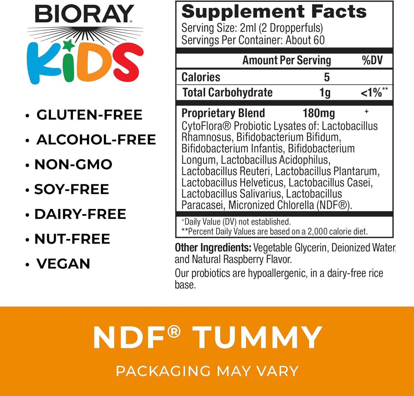 BIORAY Kids NDF Tummy, Raspberry - 4 fl oz (120 mL) - 11-Strain Probiotic Blend - Supports The Immune Response in The GI Tract - Non-GMO, Vegan, Gluten Free - Approx. 120 Servings